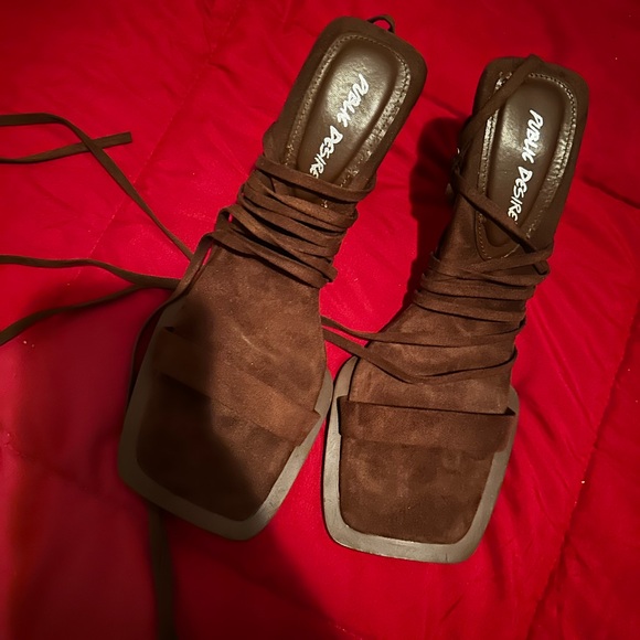 Public Desire L'amour Chocolate Immi Suede Square Toe Lace Up High Heels - US 10 - Picture 4 of 7